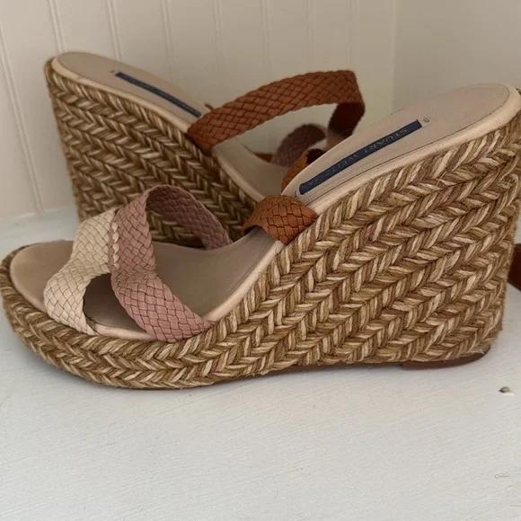 Stuart Weitzman Elsie Woven Wedges/3 tone cream/brown/beige/Braided accent/jute. - Picture 9 of 10